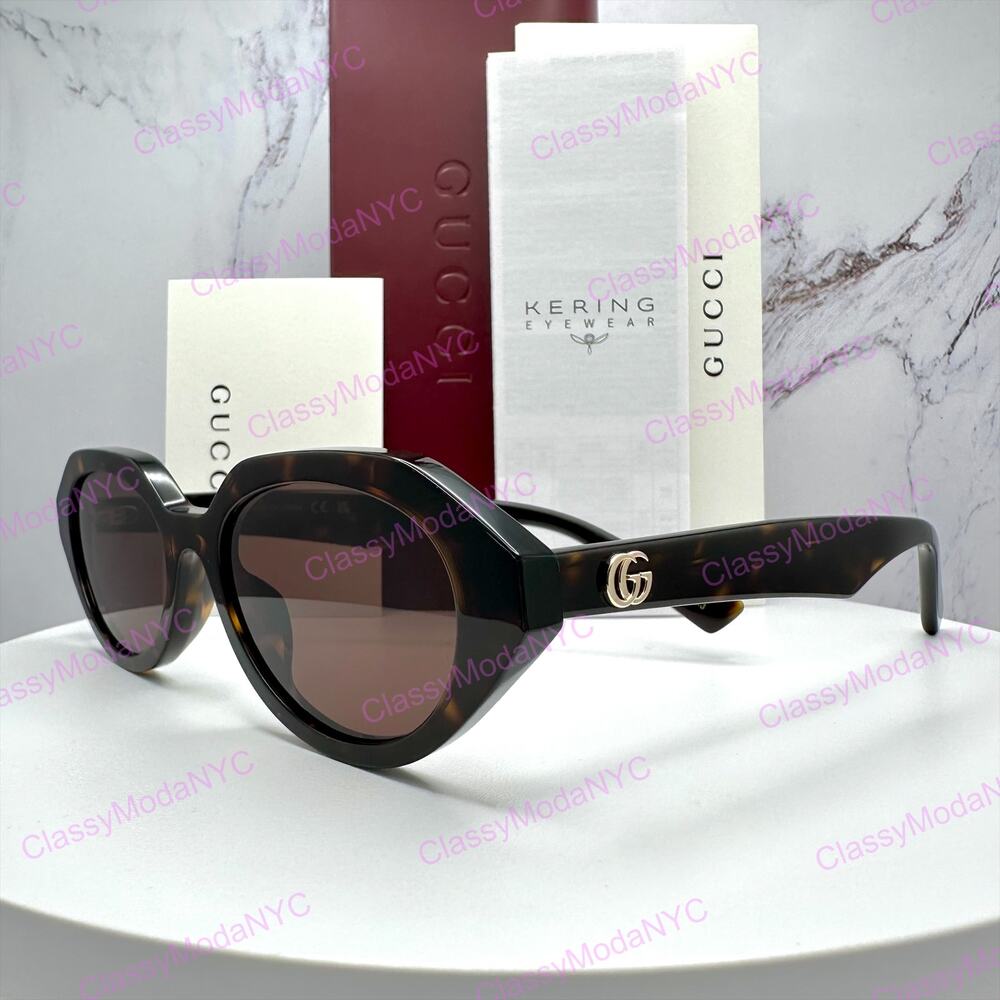 New GUCCI Sunglasses Brown Oval Acetate Gold Metal Interlocking GG Logo Womens